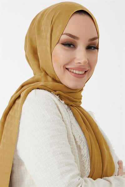 Kiya Prizma Desen Pamuklu Jakar Şal - Hardal