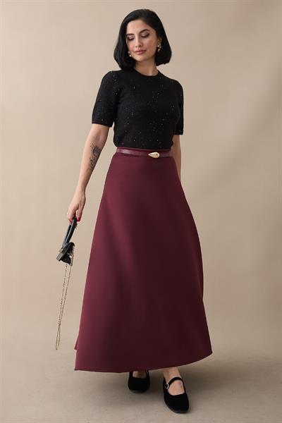 Kloş Beli Lastikli Scuba Bordo Etek