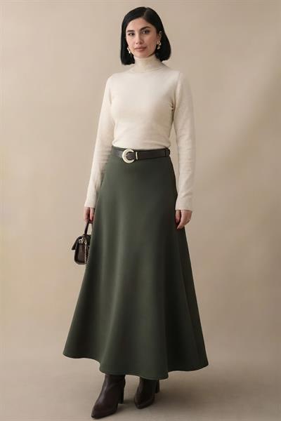 Kloş Beli Lastikli Scuba Haki Etek