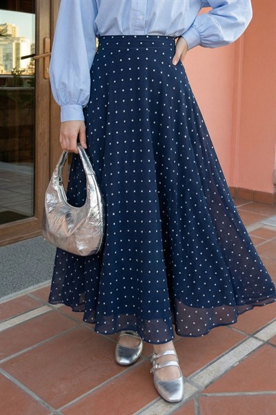 Kloş Puantiyeli Lacivert Şifon Etek