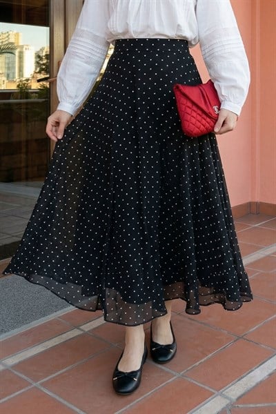 Kloş Puantiyeli Siyah Şifon Etek