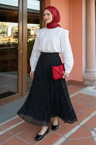 Kloş Puantiyeli Siyah Şifon Etek