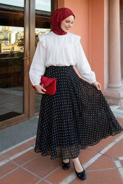 Kloş Puantiyeli Siyah Şifon Etek