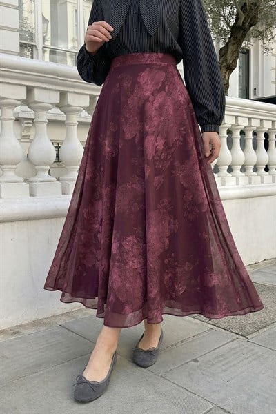 Kloş Soft Çiçekli Bordo Şifon Etek