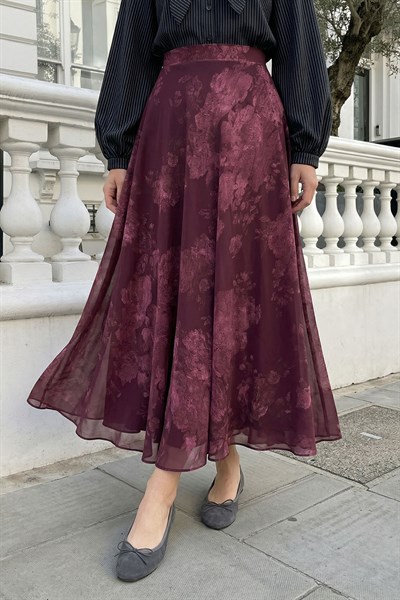 Kloş Soft Çiçekli Bordo Şifon Etek