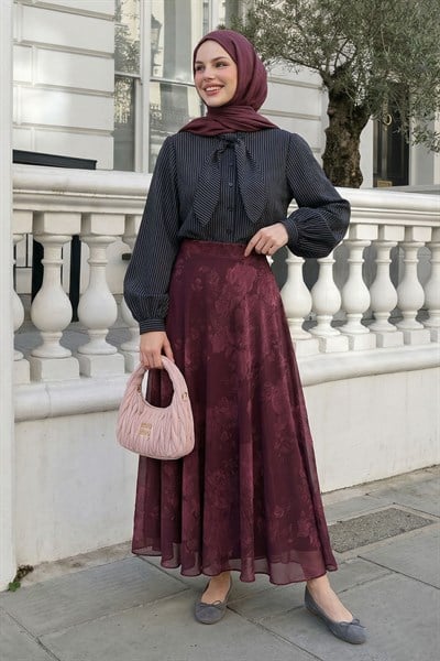 Kloş Soft Çiçekli Bordo Şifon Etek
