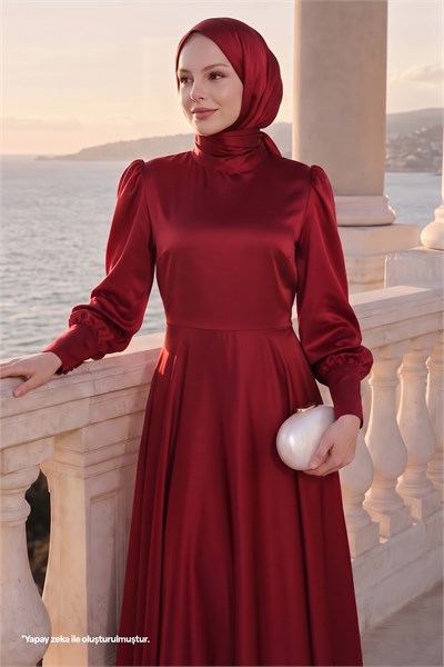 Zippered Sleeve Burgundy Satin Dress