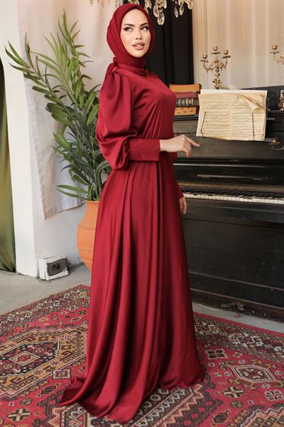 Kol Ucu Fermuarlı Bordo Saten Elbise