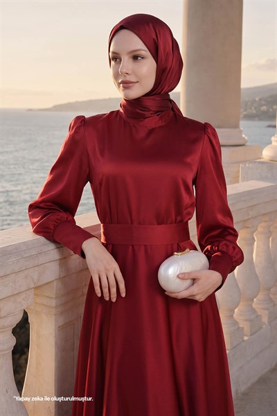 Kol Ucu Fermuarlı Bordo Saten Elbise