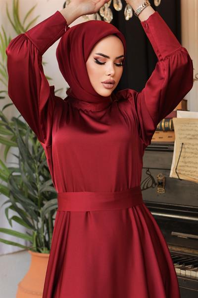Kol Ucu Fermuarlı Bordo Saten Elbise