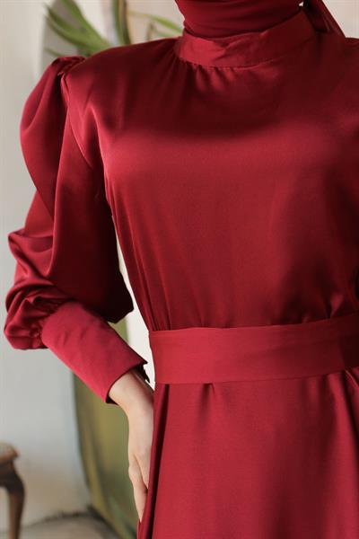 Kol Ucu Fermuarlı Bordo Saten Elbise