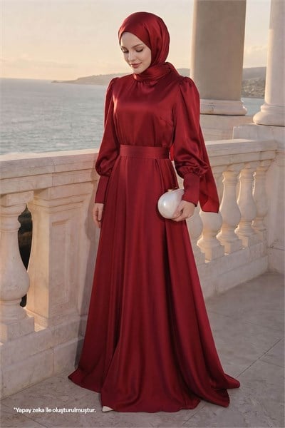 Zippered Sleeve Burgundy Satin Dress