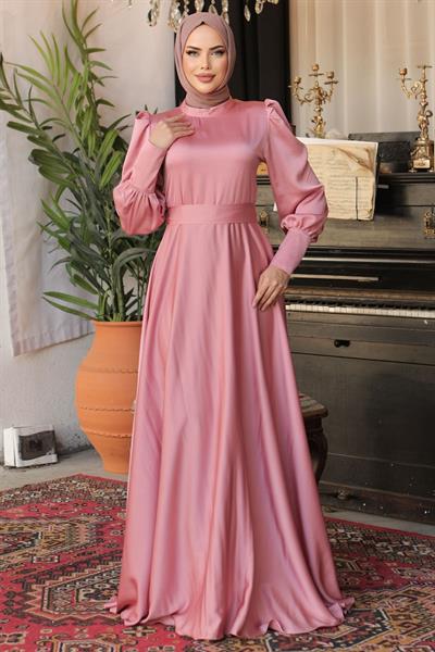 Kol Ucu Fermuarlı Gül Kurusu Saten Elbise