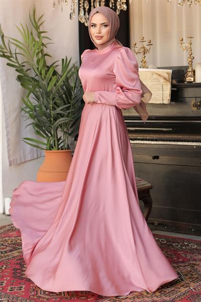 Kol Ucu Fermuarlı Gül Kurusu Saten Elbise