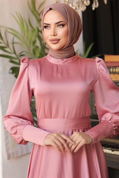 Kol Ucu Fermuarlı Gül Kurusu Saten Elbise