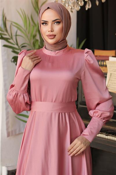 Kol Ucu Fermuarlı Gül Kurusu Saten Elbise