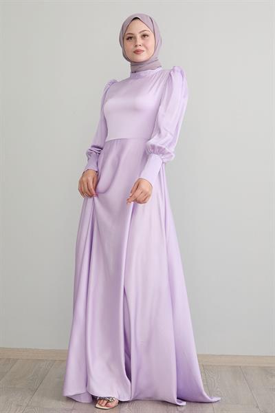 Kol Ucu Fermuarlı Lila Saten Elbise