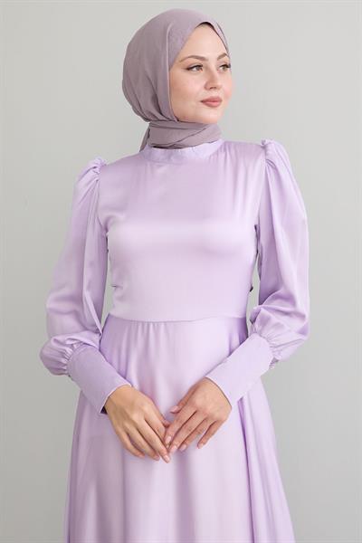 Kol Ucu Fermuarlı Lila Saten Elbise
