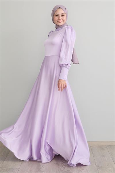 Kol Ucu Fermuarlı Lila Saten Elbise