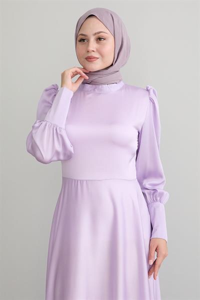 Kol Ucu Fermuarlı Lila Saten Elbise