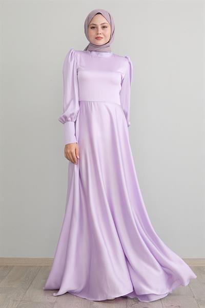 Kol Ucu Fermuarlı Lila Saten Elbise