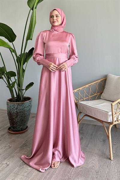 Kol Ucu Fermuarlı Pudra Saten Elbise
