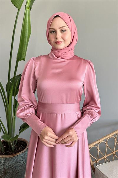 Kol Ucu Fermuarlı Pudra Saten Elbise