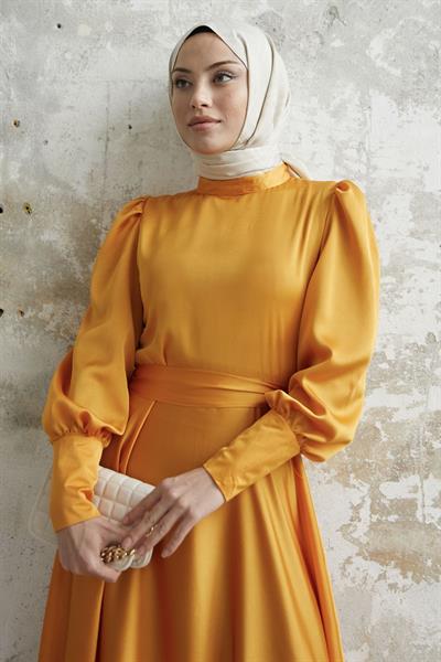 Kol Ucu Fermuarlı Sarı Saten Elbise