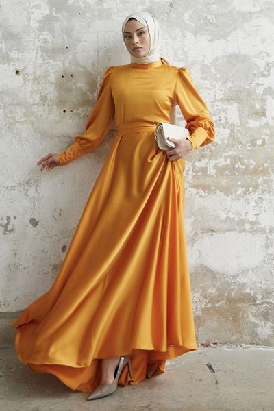 Kol Ucu Fermuarlı Sarı Saten Elbise