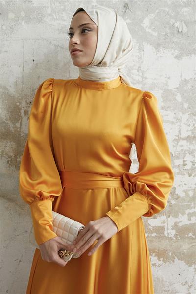 Kol Ucu Fermuarlı Sarı Saten Elbise