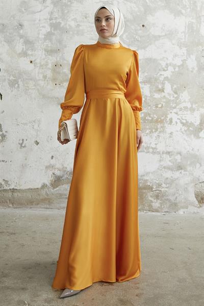 Kol Ucu Fermuarlı Sarı Saten Elbise
