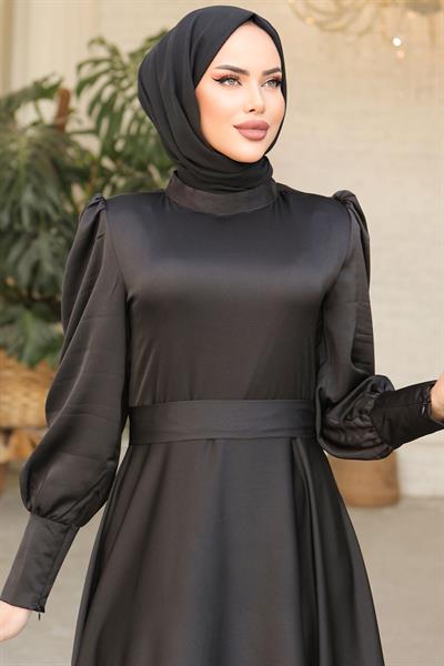 Kol Ucu Fermuarlı Siyah Saten Elbise