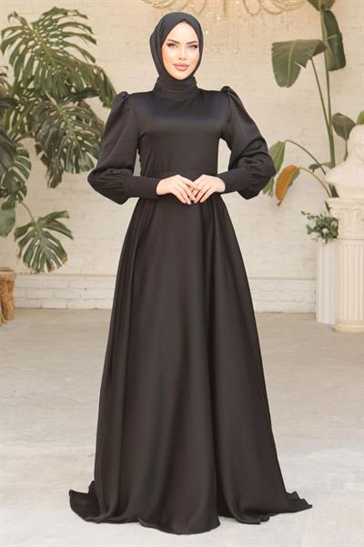 Kol Ucu Fermuarlı Siyah Saten Elbise