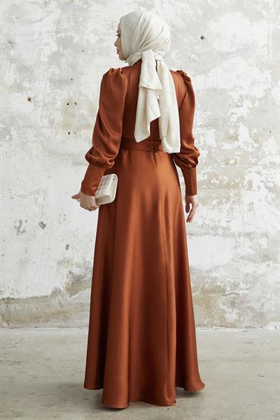 Kol Ucu Fermuarlı Taba Saten Elbise