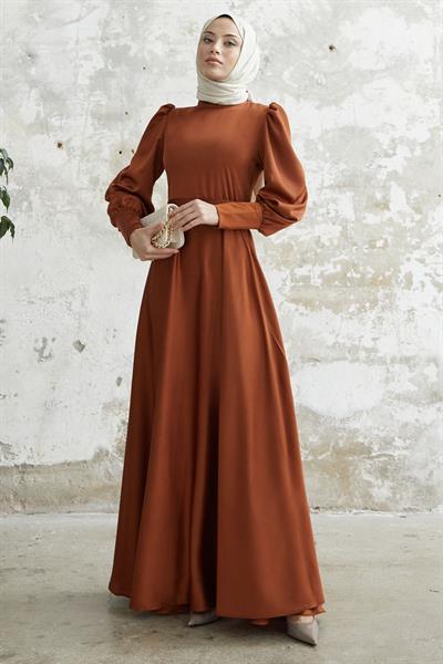 Kol Ucu Fermuarlı Taba Saten Elbise