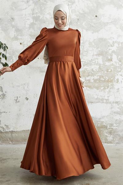 Kol Ucu Fermuarlı Taba Saten Elbise