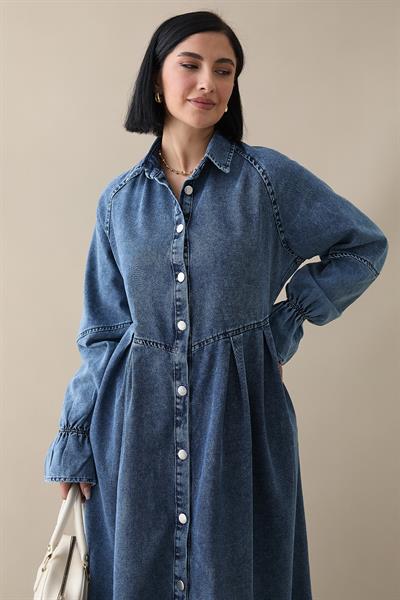 Kol Ucu Fırfırlı Kot Elbise