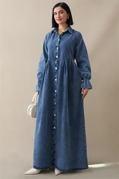 Kol Ucu Fırfırlı Kot Elbise