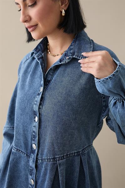 Kol Ucu Fırfırlı Kot Elbise