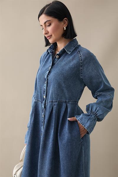 Kol Ucu Fırfırlı Kot Elbise