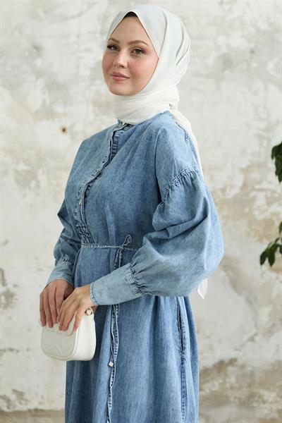 Kol Ucu Manşetli Düğmeli Mavi Kot Elbise