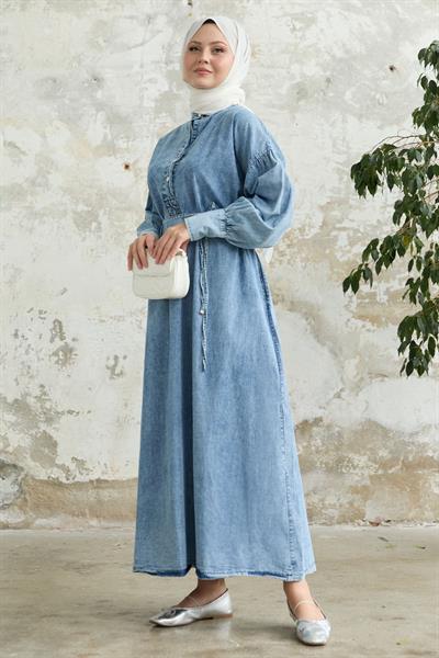 Kol Ucu Manşetli Düğmeli Mavi Kot Elbise