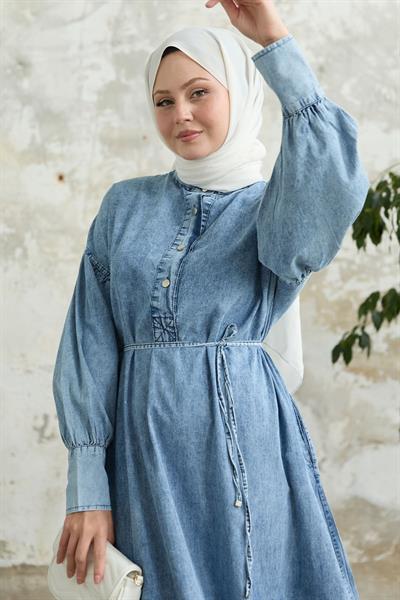 Kol Ucu Manşetli Düğmeli Mavi Kot Elbise