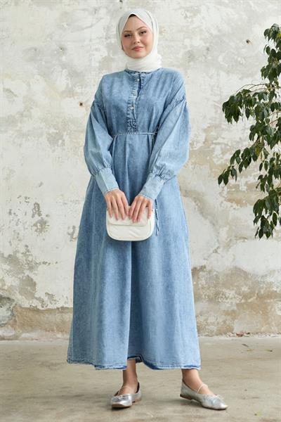 Kol Ucu Manşetli Düğmeli Mavi Kot Elbise