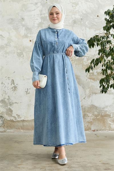 Kol Ucu Manşetli Düğmeli Mavi Kot Elbise