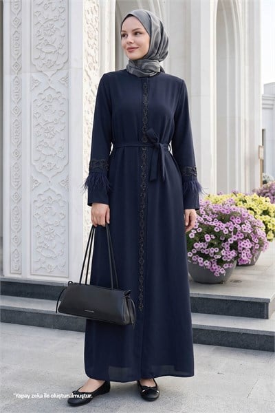 Kol Ucu Tüy Detay Taşlı Lacivert Ferace