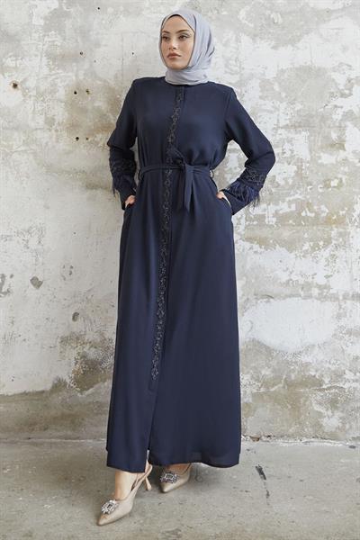 Kol Ucu Tüy Detay Taşlı Lacivert Ferace
