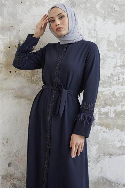 Kol Ucu Tüy Detay Taşlı Lacivert Ferace