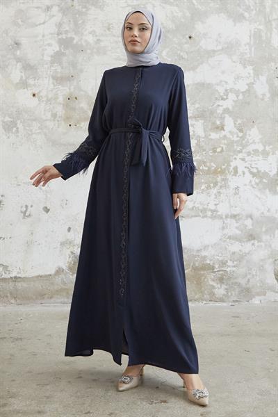 Kol Ucu Tüy Detay Taşlı Lacivert Ferace