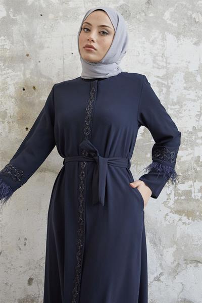 Kol Ucu Tüy Detay Taşlı Lacivert Ferace